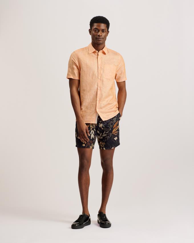 Chemises Ted Baker Short Sleeve Linen Cotton Orange Foncé Homme | XEN-71628766